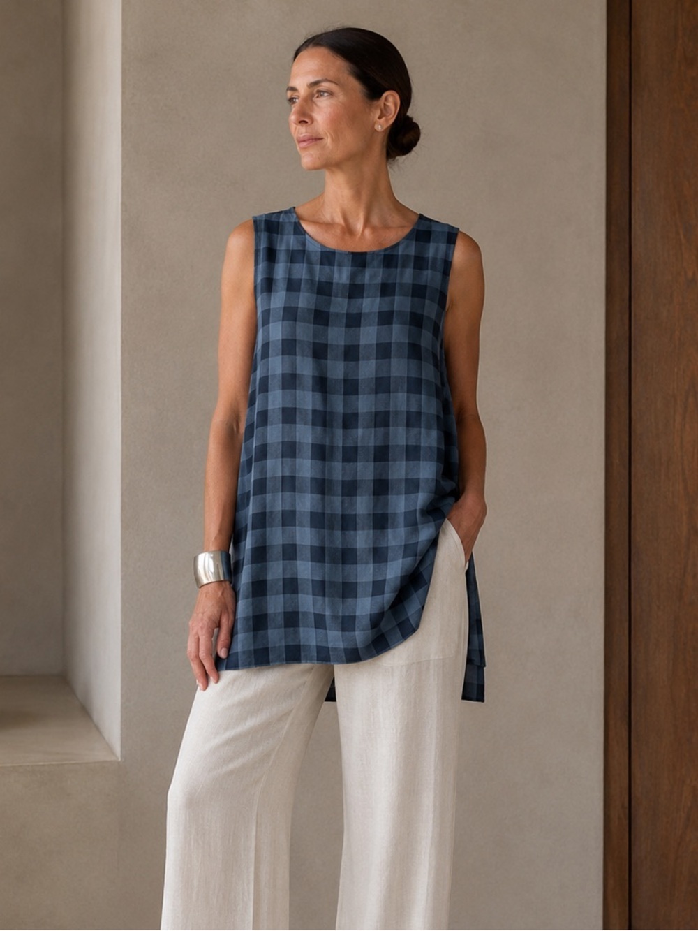 Eileen Fisher 100% Silk Buffalo Check Tunic Top Large Blue Black